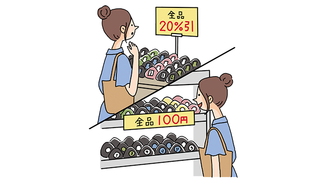 スーパーで1980円の値札が付いたお寿司を手に持っている女性のイラストイメージ