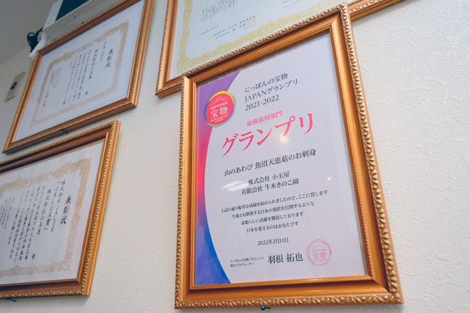 にっぽんの宝物　最強素材部門　グランプリ受賞「魚沼天恵菇のお刺身」賞状のイメージ画像