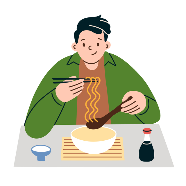 男性が麺類を食べているイラスト画像