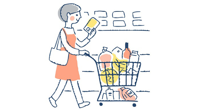 カートを押して買い物をする女性のイメージイラスト