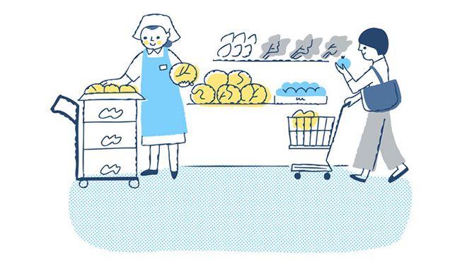 買い物をする人と商品を準備する店員のイメージイラスト