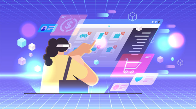 メタバース空間にてショッピングしている女性のイラスト画像