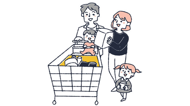 家族が買い物をしているイラストイメージ画像