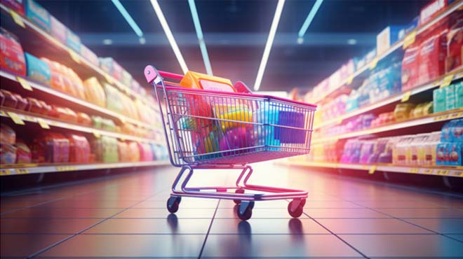 スーパーマーケットにてショッピングカートに商品が入っているイメージ画像