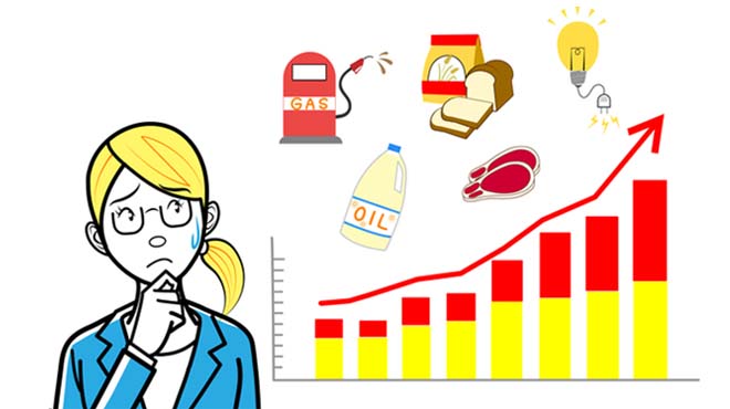 値上がりを表す表を見ながら困惑する女性のイラスト画像