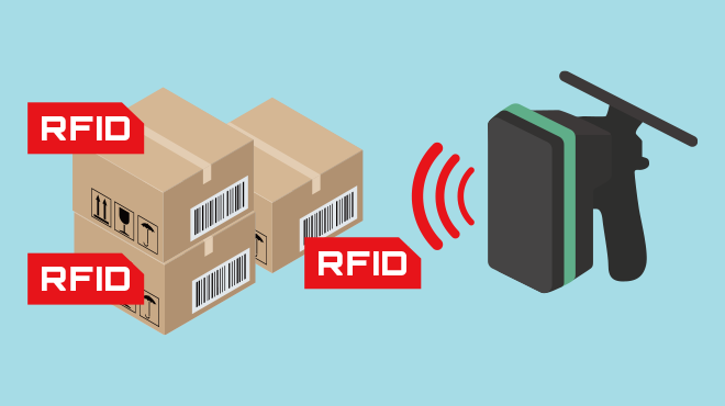 作業員が、携帯型RFIDリーダーを使って段ボール箱をスキャンしているイラスト画像