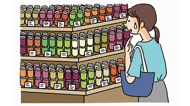 多くの品揃えの前で悩む女性のイラスト画像