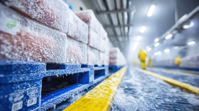 冷凍倉庫で霜の付いたパレットに積まれた商品。低温物流やコールドチェーンにおける在庫管理の現場環境を示す写真