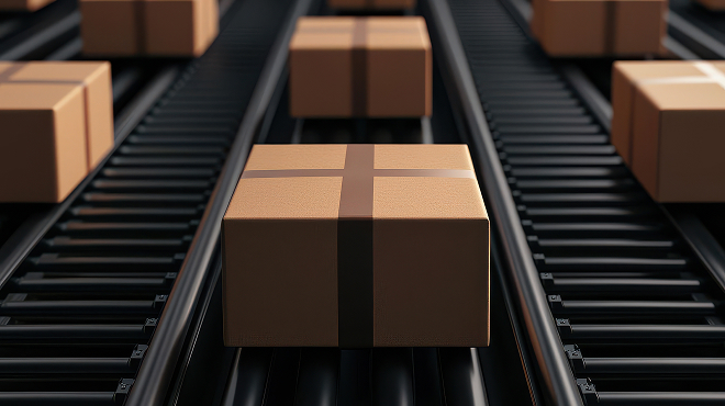 RFID自動識別を示すコンベヤの3Dイラスト