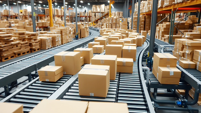 コンベヤ上の段ボールを自動読み取りする様子を示す概念イラスト