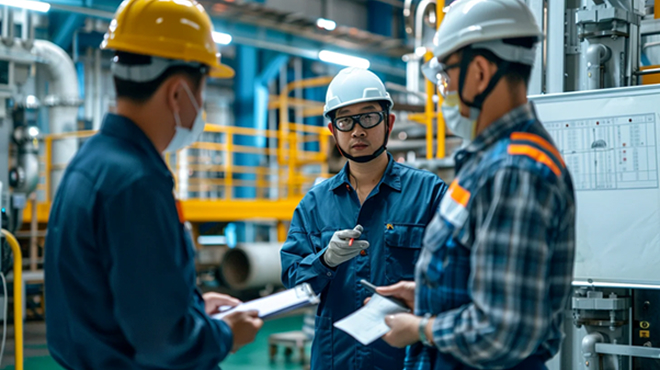 製造現場で業務改善について話し合うチーム