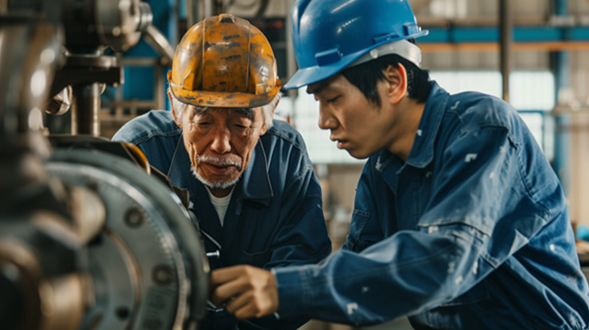 製造現場でベテラン作業者が若手に機械操作を教えている様子