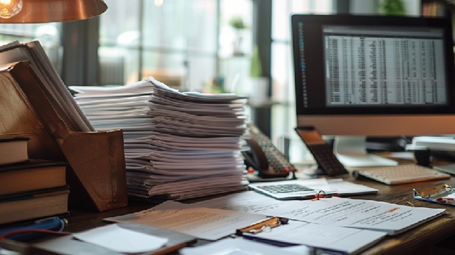 デスクに積まれた紙の帳票とExcelが開かれたPC画面