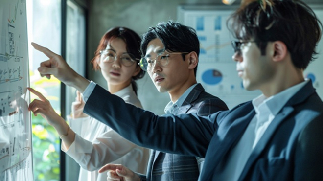 ホワイトボードの前で業務フローを整理するチーム 