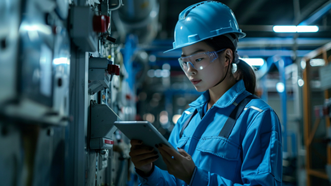 製造現場でタブレットの作業指示を確認する作業者