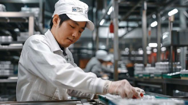 製造現場でRFIDラベルを1枚ずつ手で貼り付ける作業者