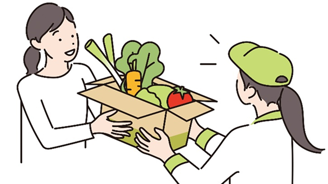 野菜の入った荷物を受け渡す配送員と消費者のイメージ画像