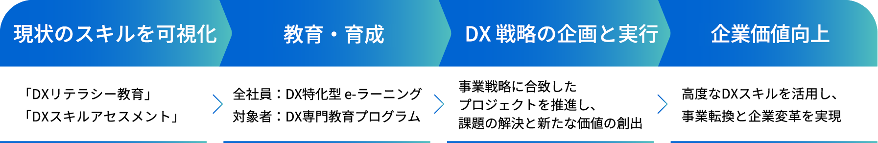 現状の可視化「DXスキルアセスメント」 教育・育成 全社員：DX リテラシー教育 対象者：高度かつ専門的な教育 DX戦略の企画と実行 DXによる事業課題の解決と事業転換と企業変革の推進 企業価値向上 高度なDXスキルを持つ人財を輩出し企業価値を向上
