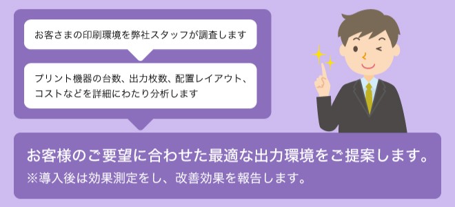 お客様の印刷環境を弊社スタッフが調査します
プリント機器の台数、出力枚数、配置レイアウト、コストなどを詳細にわたり分析します
お客様のご要望に合わせた最適な出力環境をご提案します。
※導入後は効果測定をし、改善効果を報告します。