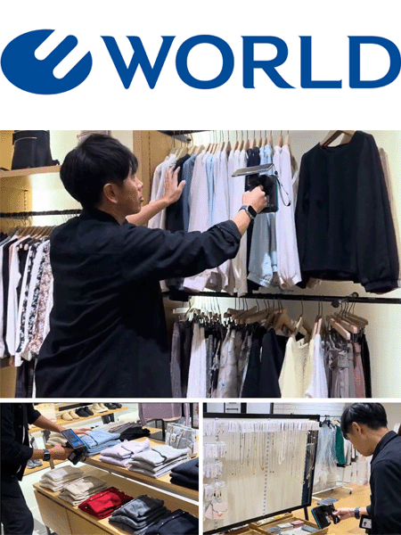 WORLDロゴと店内風景