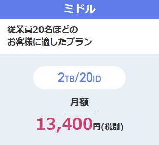 ミドルプラン、従業員20名ほどのお客様に適したプラン、2TB/20ID、月額13400円(税別)