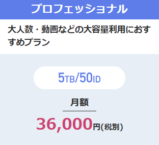 プロフェッショナルプラン、大人数・動画などの大容量利用におすすめプラン、5TB/50ID、月額36000円(税別)