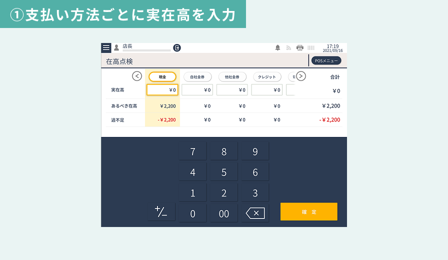 在高点検・入出金管理 ①支払い方法ごとに実在高を入力