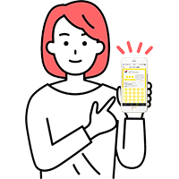 アプリ画面を見せる人物のイラスト画像