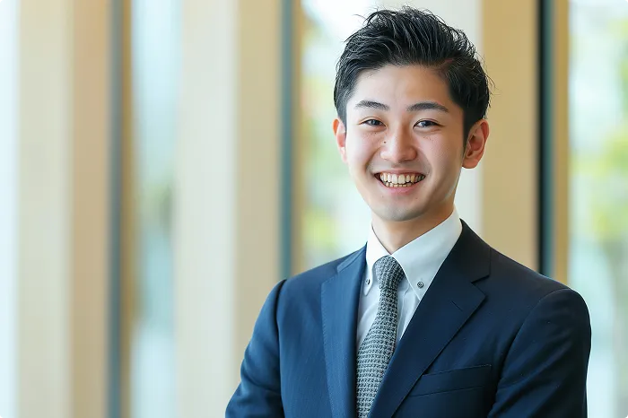 ビジネスシーンで笑顔を見せる男性スタッフ