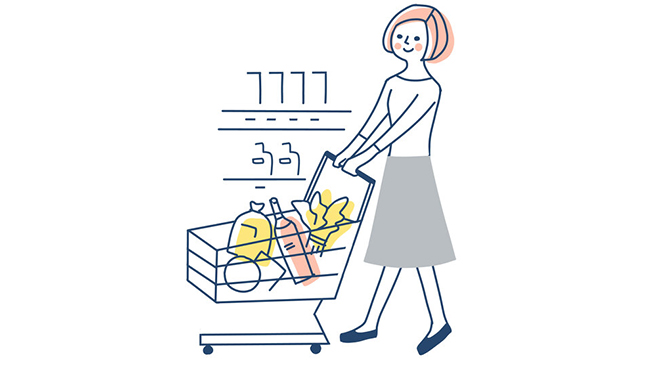 ショッピングカートを押す女性のイラスト画像