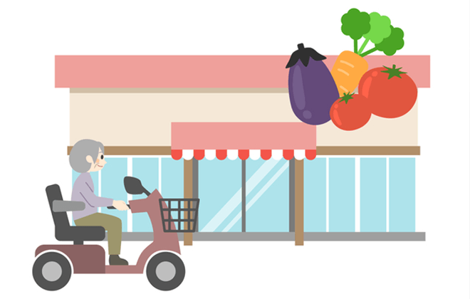 コンビニエンスストアに電動カーで買い物に行く老人のイラスト画像