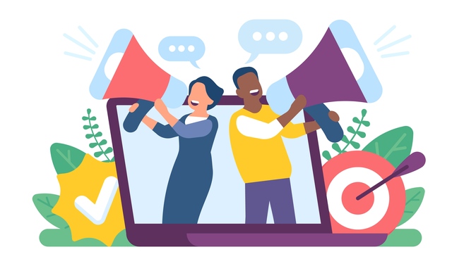 拡声器を持っている男女のイラスト画像