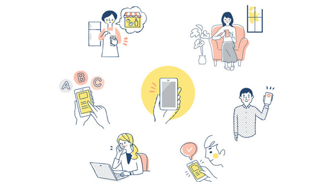 スマホを利用しているライフスタイルを表しているイラスト画像