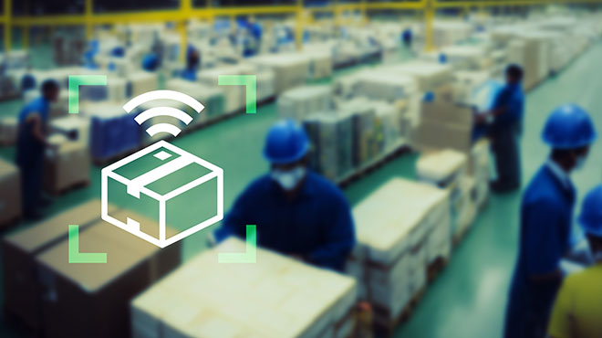 製造・物流現場で出庫作業中の荷物をRFIDで自動認識し、一括管理・効率化を図るイメージ