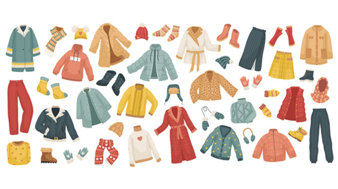 多数の衣料品のイラストイメージ画像