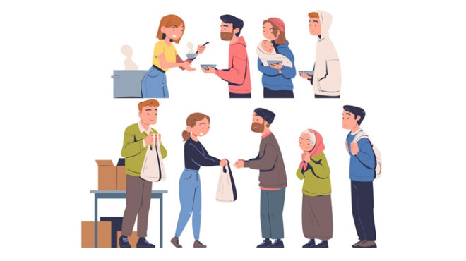 フードバンクで食事を受け取る人々と食品を受け取る人々のイメージ画像