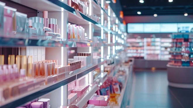 化粧品が並んでいる陳列棚のイメージ画像