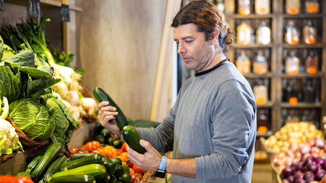 野菜を手に取っている男性のイメージ画像