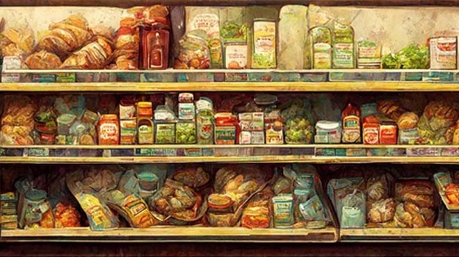 食材が棚に沢山並んでいるイラストのイメージ画像