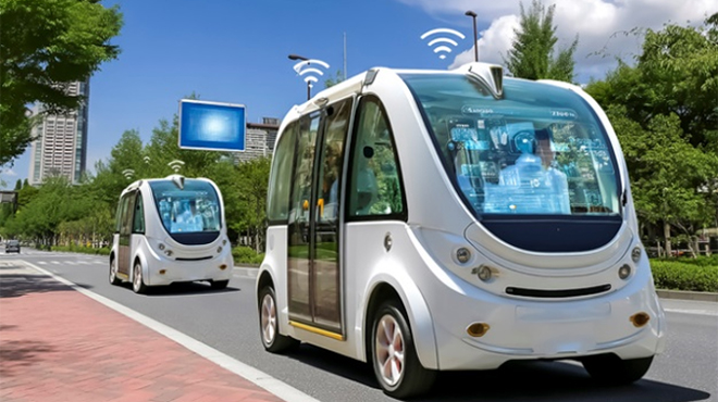 青空の下で走る自動運転バスのイメージ画像