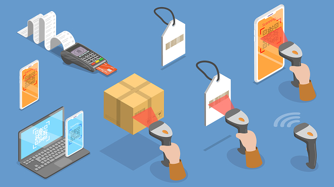 バーコードとQRの読み取りイメージ。ハンディスキャナーやスマートフォンで商品やタグを1つずつ読み取り、在庫管理や決済に活用する仕組みを示す図解