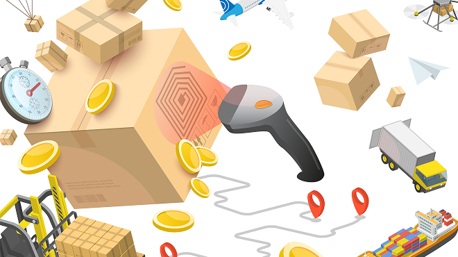 RFIDを活用した物流トラッキングの概念図。貨物やパレットを読み取り、輸送経路や位置情報を把握し、在庫精度向上やコスト削減を実現するイメージ