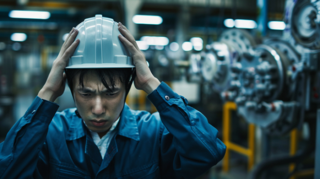 ベテラン不在の作業場で、一人で機械を前に戸惑う若手作業者