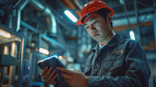 タブレットで動画マニュアルを確認しながら学ぶ若手作業者