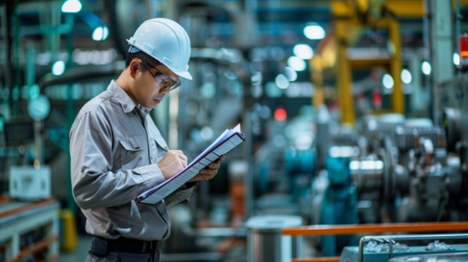 製造現場で紙の帳票を確認する作業者