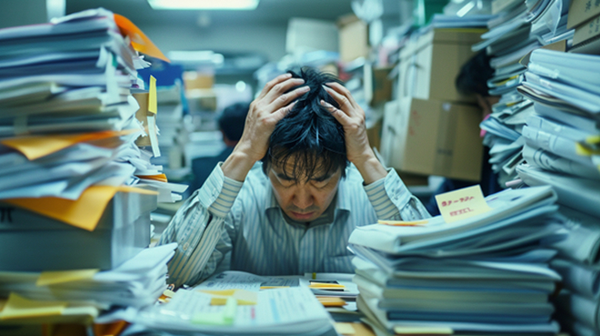 書類が山積みになった乱雑なデスクと、それを見て困惑する作業者