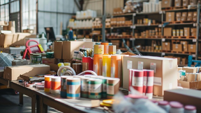 大量の商品とRFIDラベルが並ぶ作業台