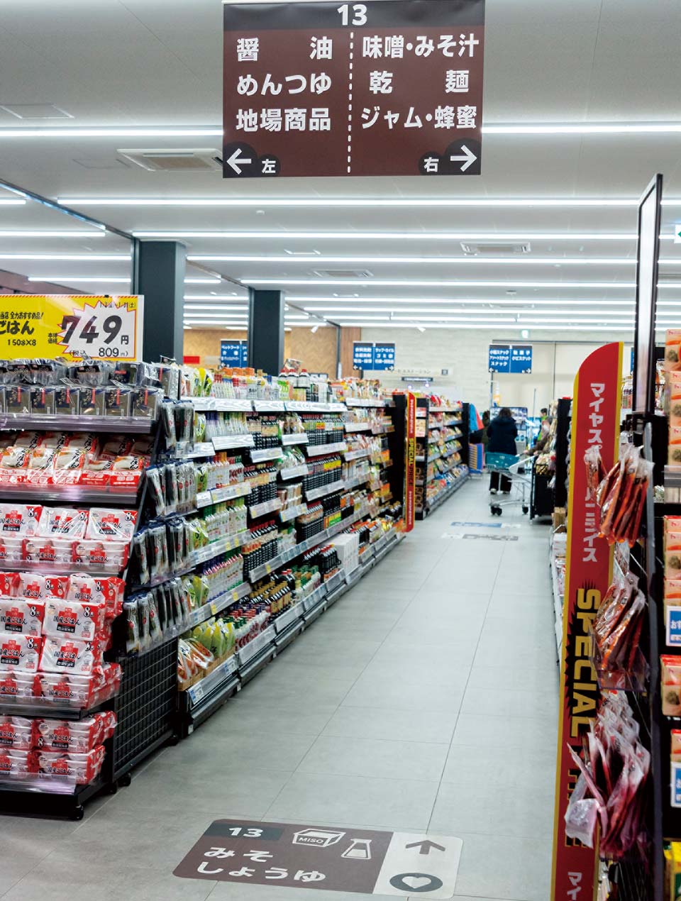 スーパーマーケット店内の商品棚と案内表示のイメージ画像