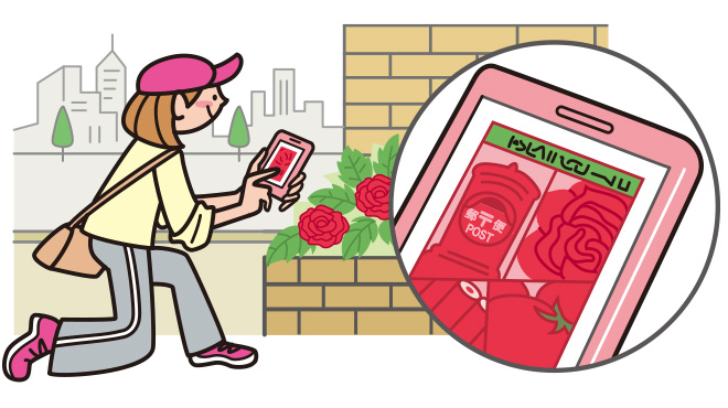 スマートフォンで赤い花やポストを撮影している人のイラスト