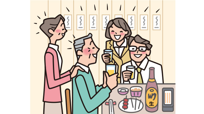 歓談しながら食事を楽しむ人たちのイラスト